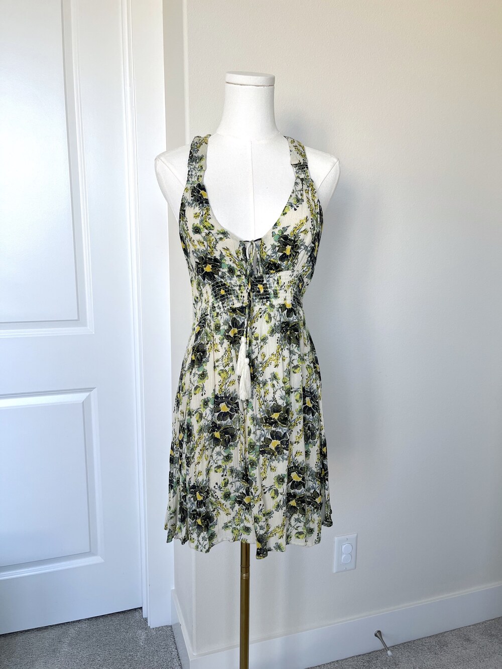 Free People Washed Ashore French Girl Floral Smocked Crinkle Crepe Mini Dress